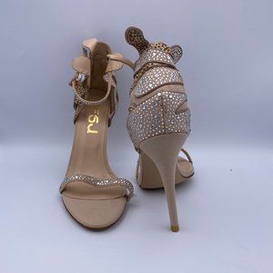 FSJ Nude Suede Rhinestone Ankle Strap Heel Sandals